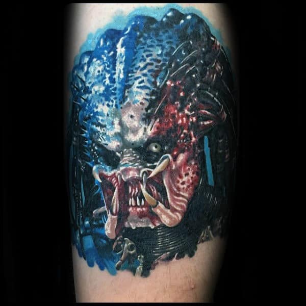 Blue Red And White Ink Guys Predator Arm Tattoos