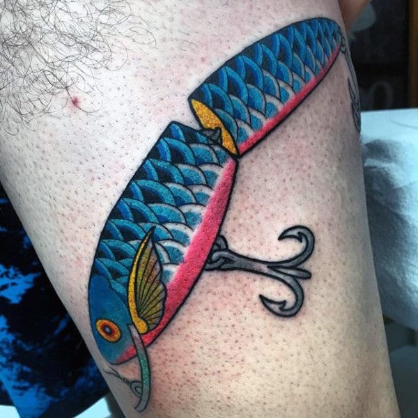 Blue Red And Yellow Fish Hook Lure Tattoo For Men On Arm