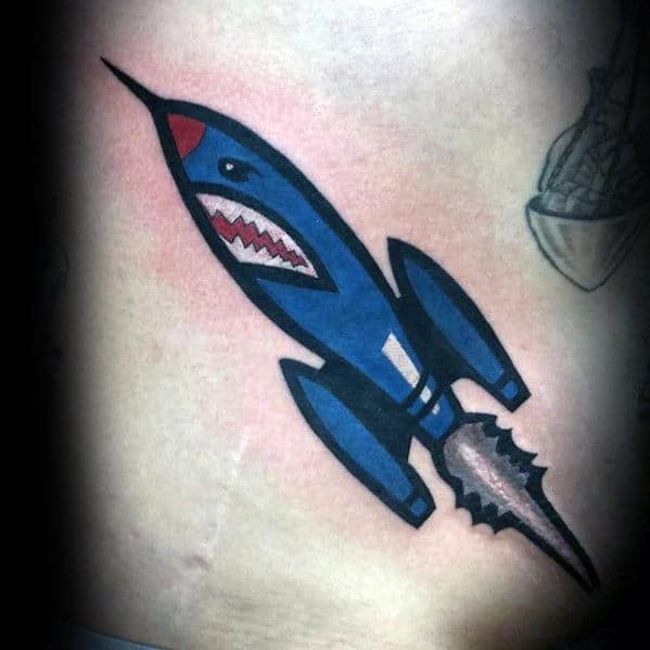 Blue Rocket Ship Small Mens Rib Cage Side Tattoos