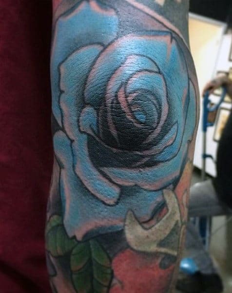 Blue Rose Elbow Tattoo For Men
