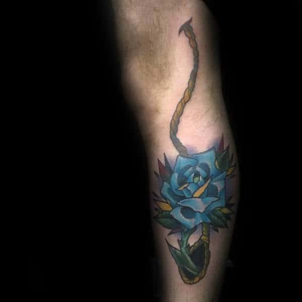 Blue Rose Flower Noose Mens Leg Tattoo