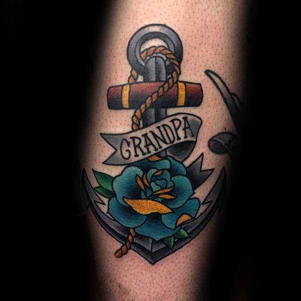 Blue Rose Flower With Anchor And Grandpa Banner Mens Arm Tattoos