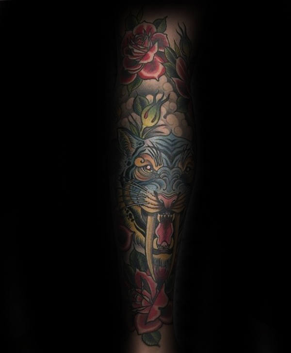 Blue Sabertooth Tiger Male Red Rose Flower Traditional Sleeve Tattoos