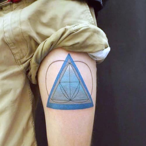 Blue Shaded Triangle With Geometric Circles Tattoo On Arms