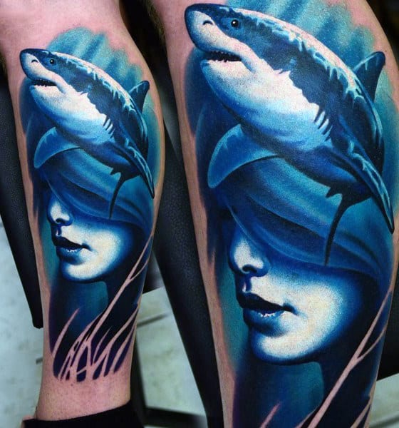 Blue Shark Abstract Attoo For Men On Lower Leg