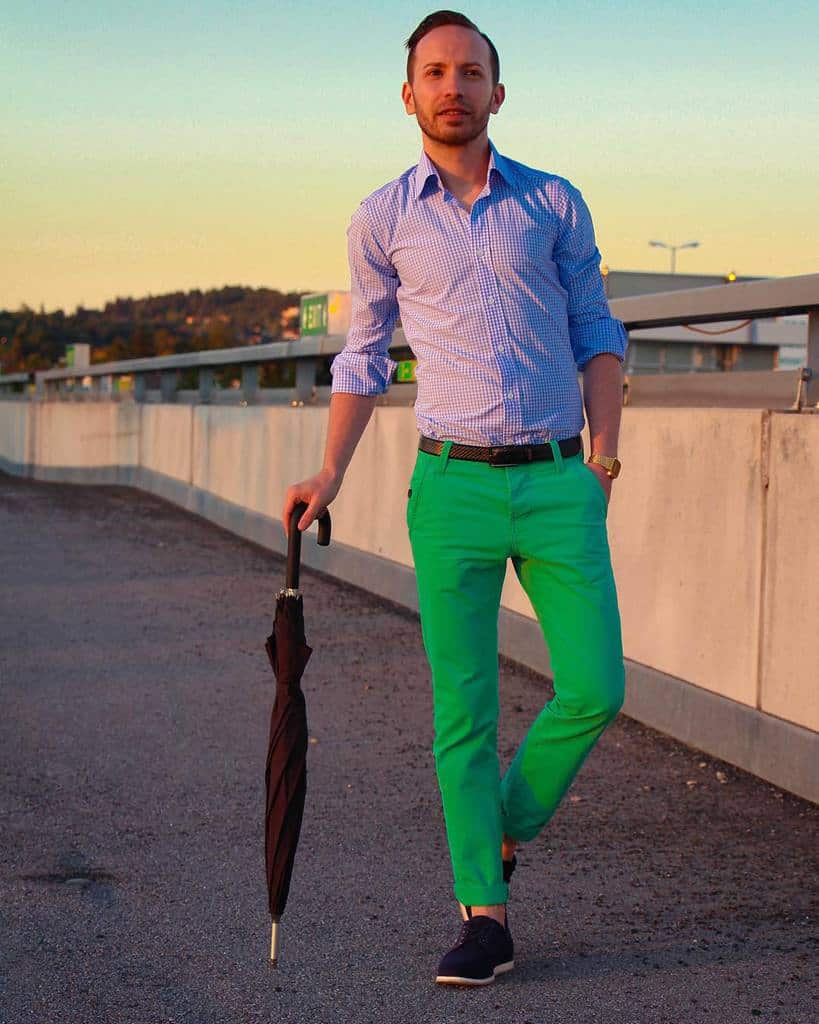 Blue Shirt Green Pants Outfit