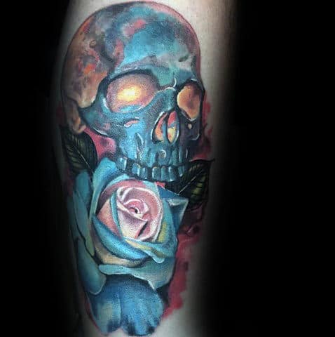 Blue Skull With Realistic Rose Male Arm Tattoo Ideas