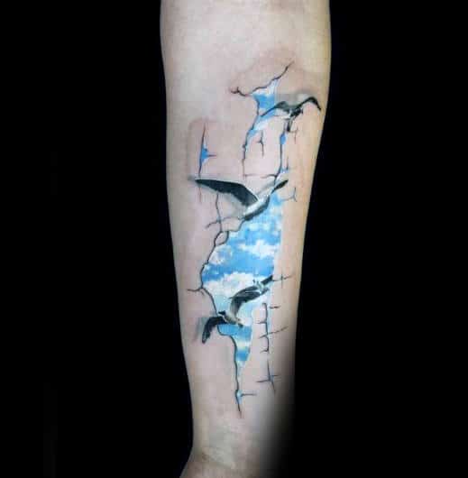 Blue Sky With Clouds And Flying Seagulls Guys Inner Forearm Tattoos