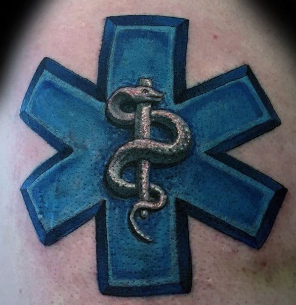 Blue Star Of Life With 3d Design Mens Upper Arm Tattoos