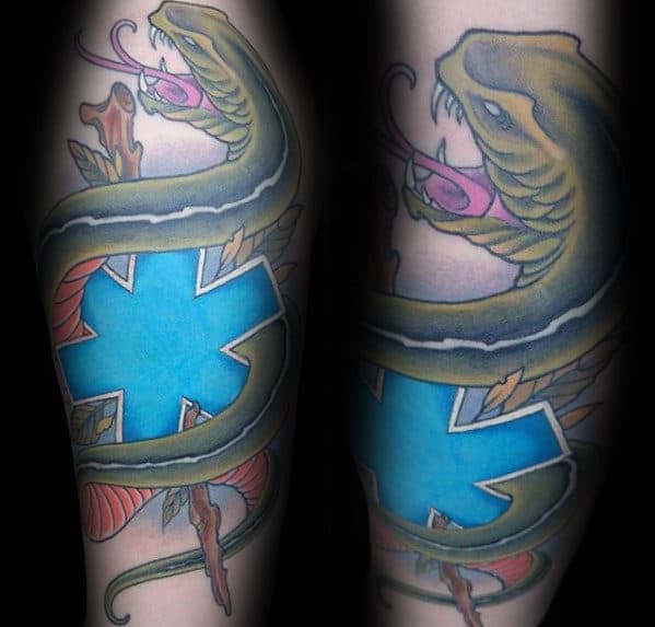 Blue Star Of Life With Green Snake Male Arm Tattoos