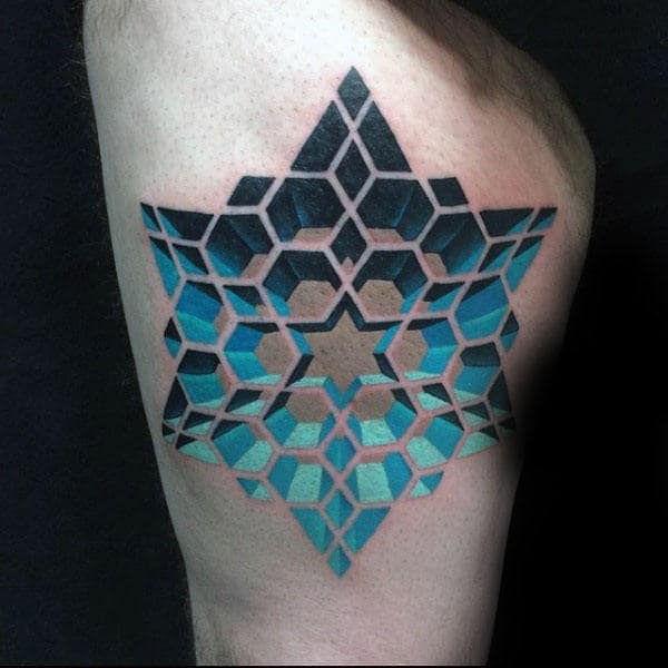Blue Star Optical Illusion Pattern Tattoo On Mans Thigh