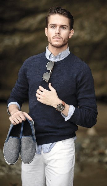 Blue Sweater With White Pants Casual Wear Style Looks For Men