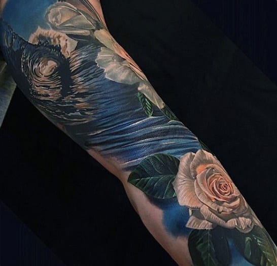 Blue Tattoo Waves For Men With Flower