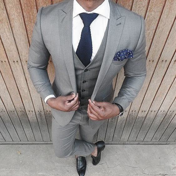 Blue Tie And Pocket Square Light Grey Suit Black Shoes Styles For Men