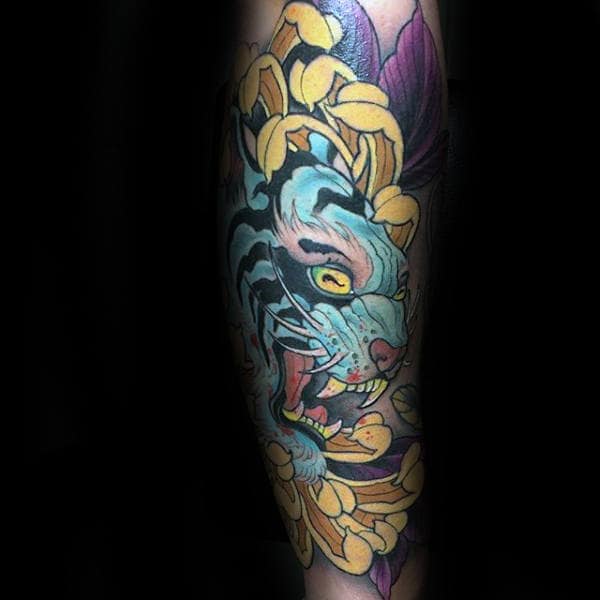 Blue Tiger Chrysanthemum Yellow Flower Forearm Tattoos For Guys