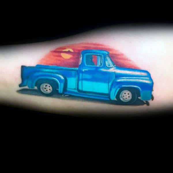 Blue Truck With Sunset Mens Arm Tattoo Design Ideas