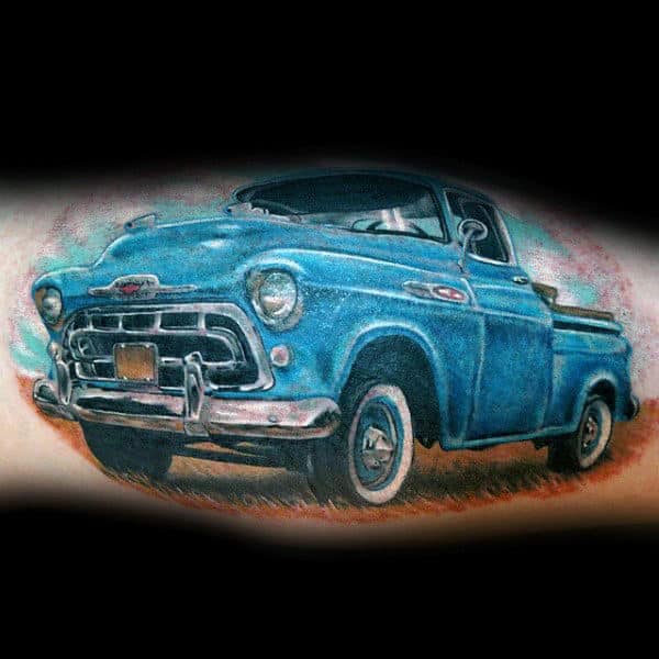 Blue Vintage Truck Mens Leg Calf Tattoos