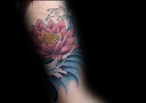 Blue Water With Lotus Flower Mens Inner Arm Tattoo Ideas