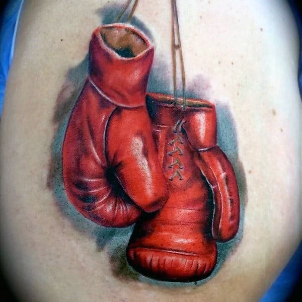 Blue Watercolor Background With Red Boxing Gloves Mens Back Tattoos