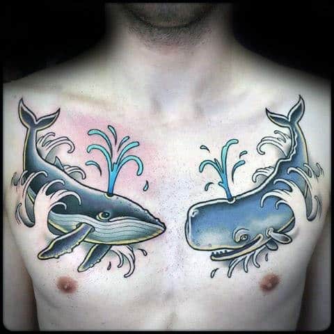 Blue Whales Blowing Water Out Of Blow Ole Guys Upper Chest Tattoos