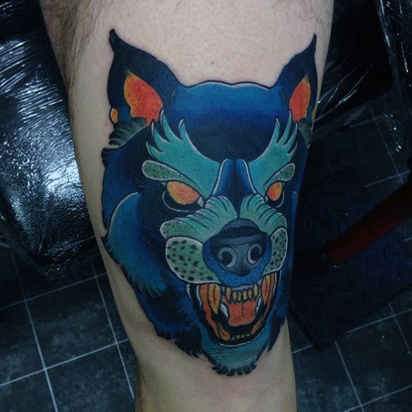 Blue Wolf Knee Tattoos For Men