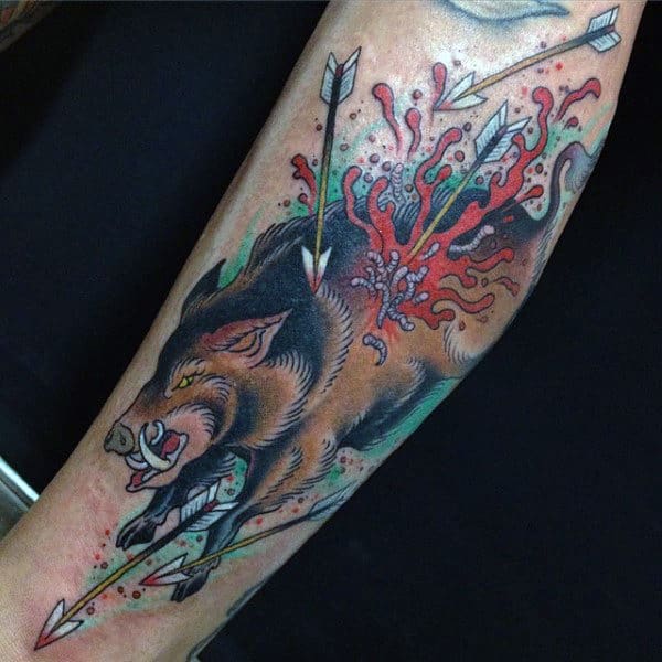 Boar Running From Arrows Mens Forearm Tattoo Design Ideas