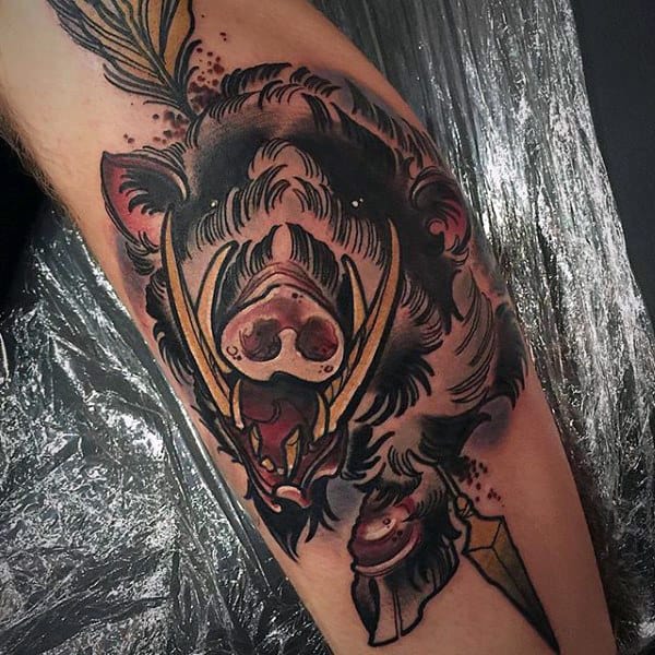 Boar With Arrow Mens Leg Tattoo Design Ideas
