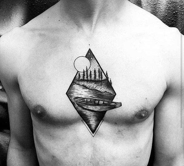 Boat On Lake With Night Sky Guys Modern Small Chest Tattoos
