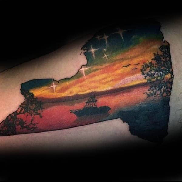 Boat Out On Lake Silhouette Mens State Tattoo