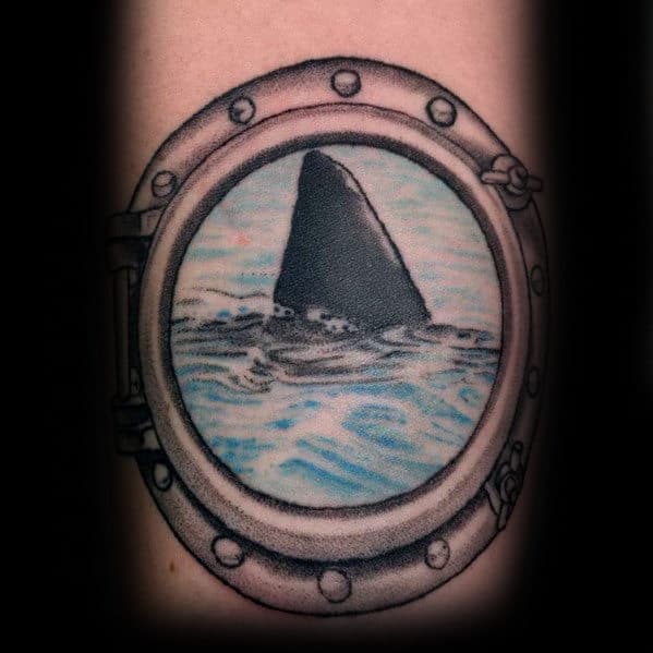 Boat Window Mens Shark Fin Tattoo On Forearm
