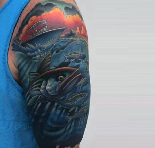 Boating And Fishing At Sunset Scene Half Sleeve Tattoo