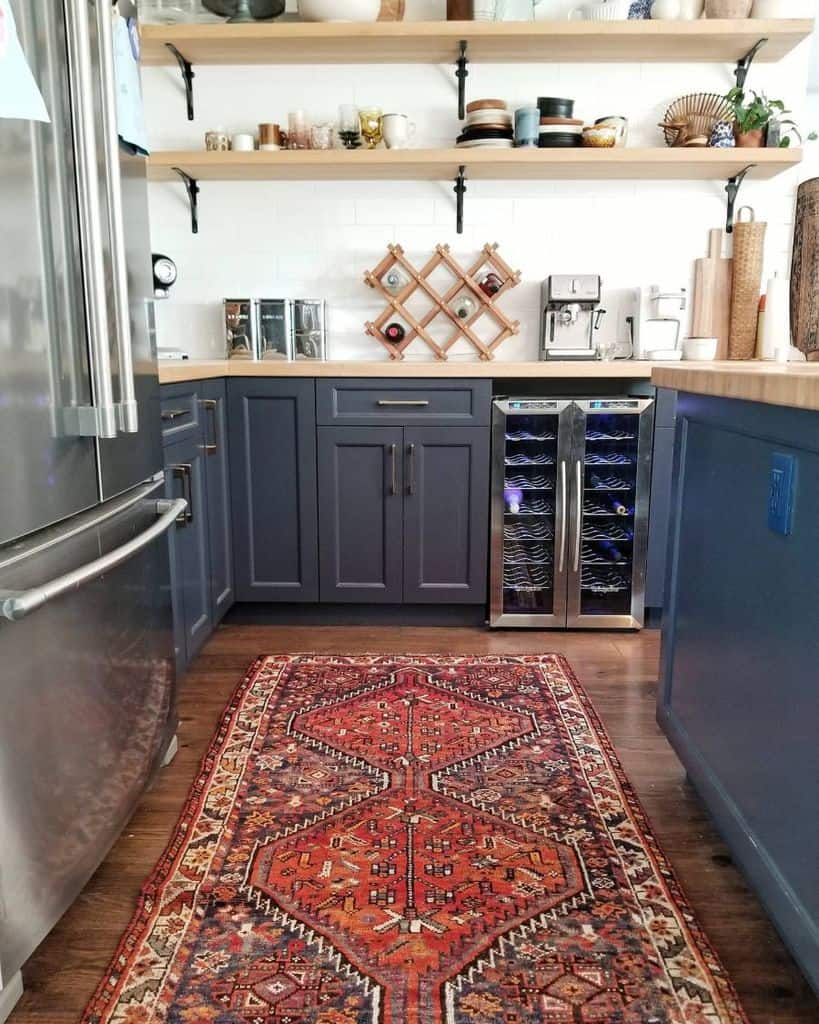 blue cabinet kitchen wood wall shelves wine fridge