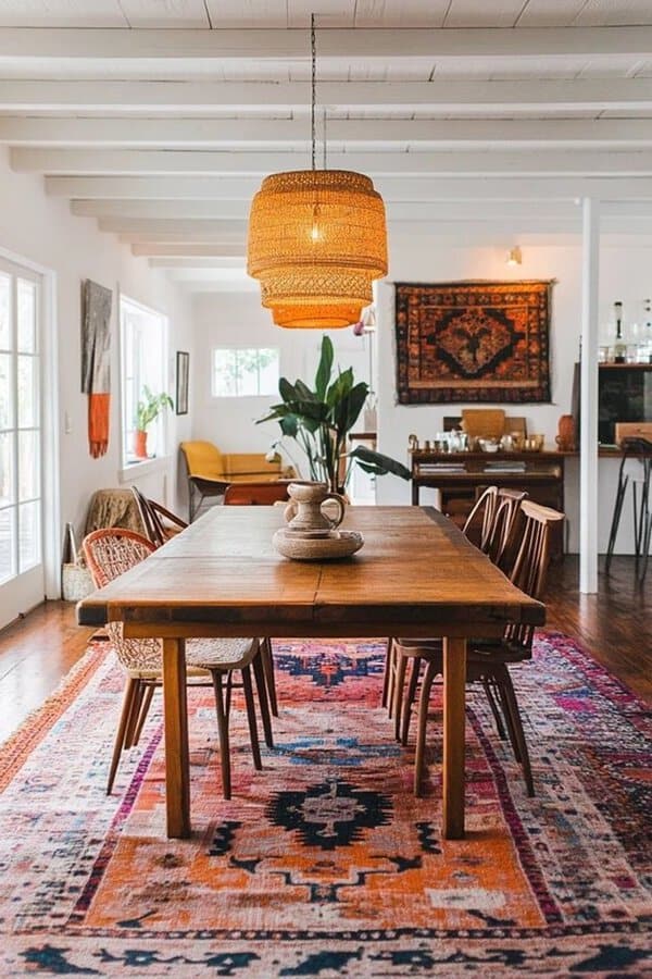 Boho dining room with a wooden table, woven pendant light, and a colorful patterned rug.