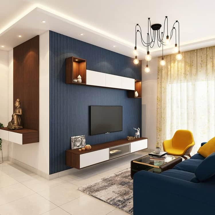 boho floating entertainment center blue feature wall chandelier tile floor