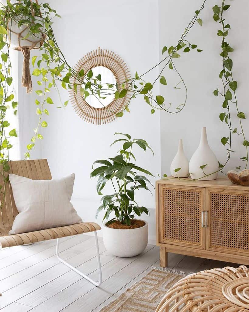 Bright boho space with hanging plants, a rattan mirror, and a wooden cabinet.