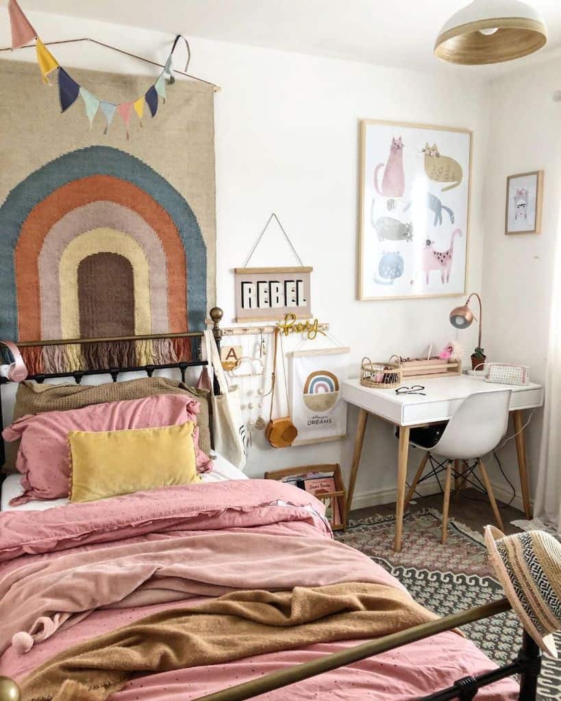 kids boho kids bedroom colorful wall art white desk