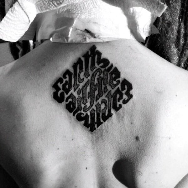 Bold Back Ambigram Earth Fire Tattoos For Males