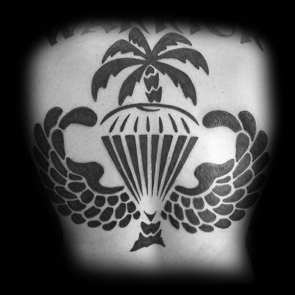 Bold Black Ink Back Parachute Mens Tattoo Ideas