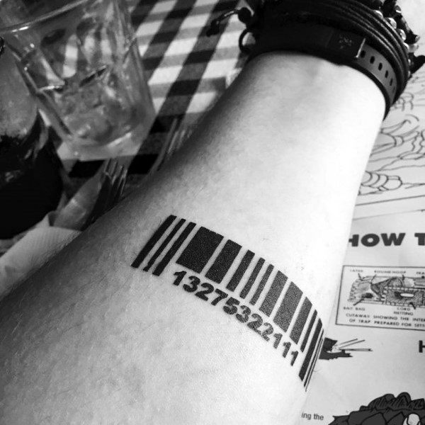 Bold Black Ink Barcode Male Tattoo On Inner Forearm