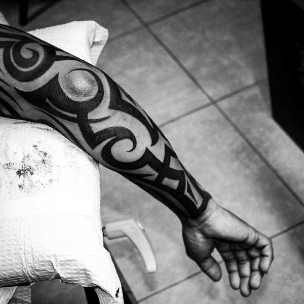 Bold Black Ink Full Tribal Sleeve Tattoos For Guys