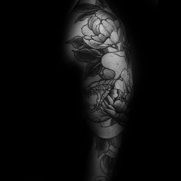Bold Guys Peony Sleeve Tattoo With Snake Design