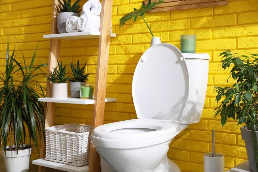 Bathroom with a vibrant yellow brick wall, wooden ladder shelf, potted plants, and a white toilet.