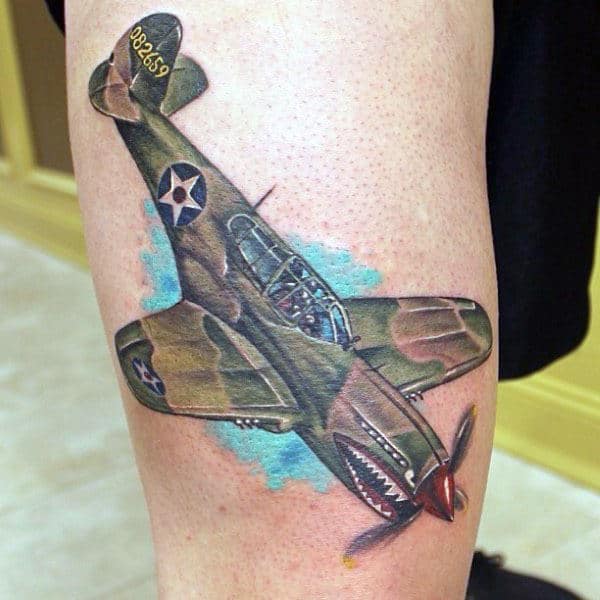 Bomber Fighter Plane Camouflage Mens Leg Tattoo