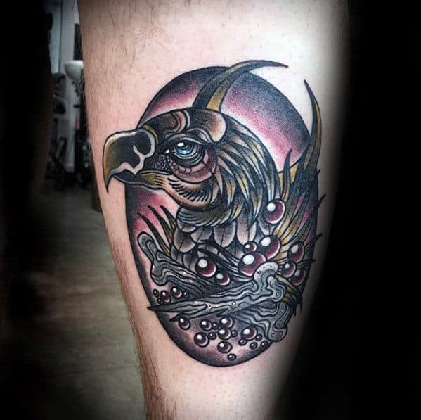 Bones With Vulture And Moon Guys Leg Calf Tattoo