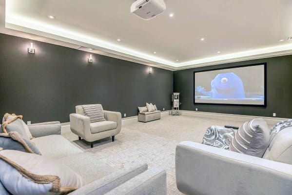 Home theater with gray walls, plush seating, and projector.