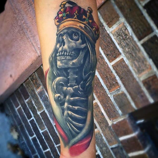 Bony Skeleteon With Lovely Crown Tattoo Forearms Male