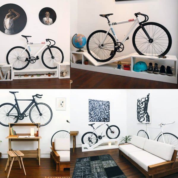 Modern bike storage combined with shelving for a sleek, organized look.