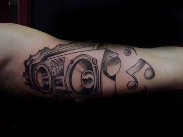Boombox Guys Music Themed Inner Arm Tattoo Design Ideas
