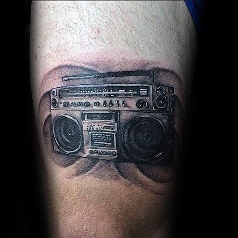Boombox With Sound Waves Mens Thigh Tattoo Designs
