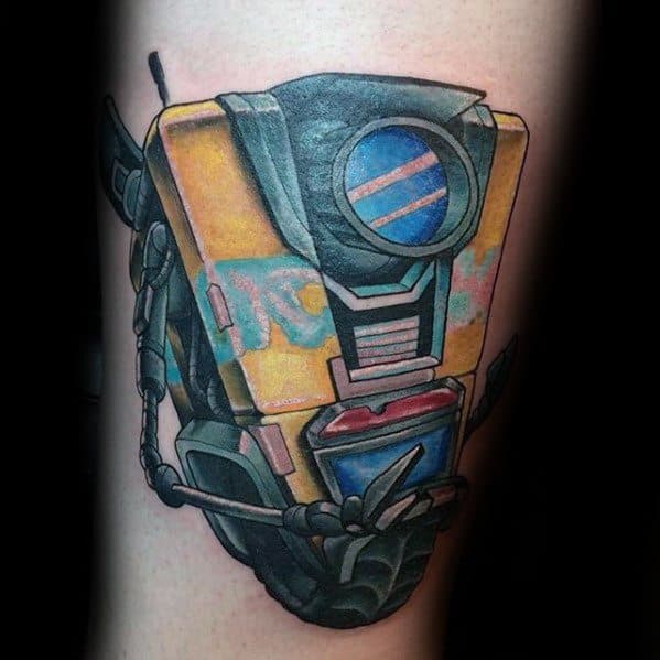 Detailed Claptrap tattoo in classic yellow with vibrant shading, headset mic, and bold outlines for a dynamic, game-accurate look.